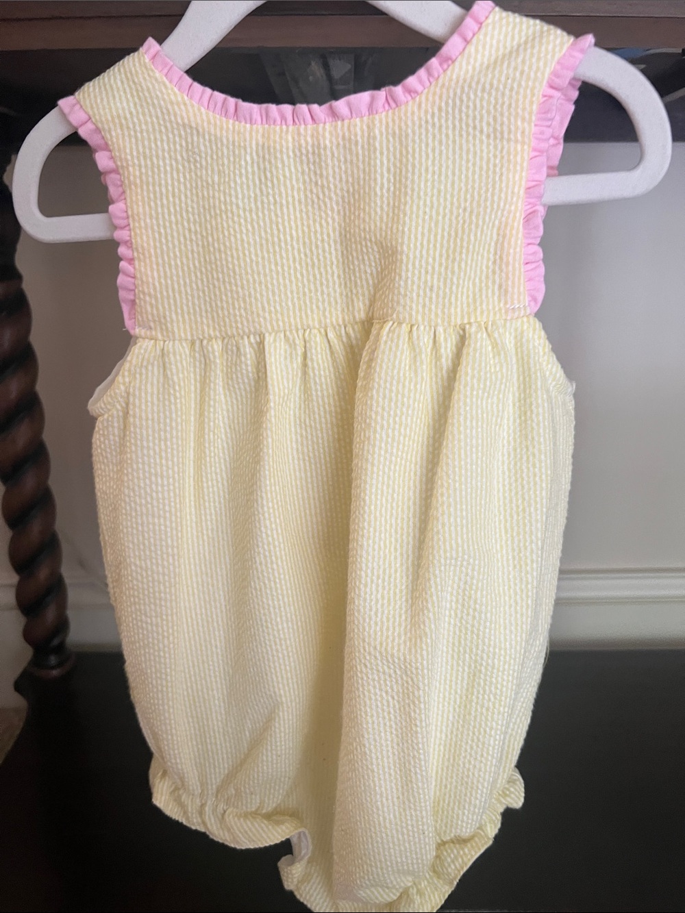 Stitchy Fish Yellow Seersucker Baby Bubble with Pink Trim - Picture 2 of 4